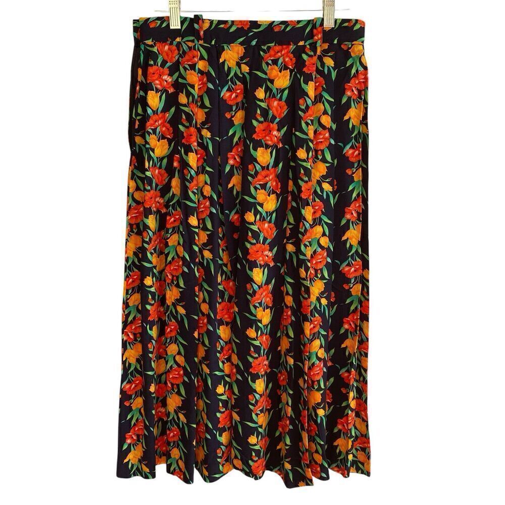 Vtg 80s Evan Picone Petite Skirt Womens Size 8 Black Floral Pleated Midi Poppies